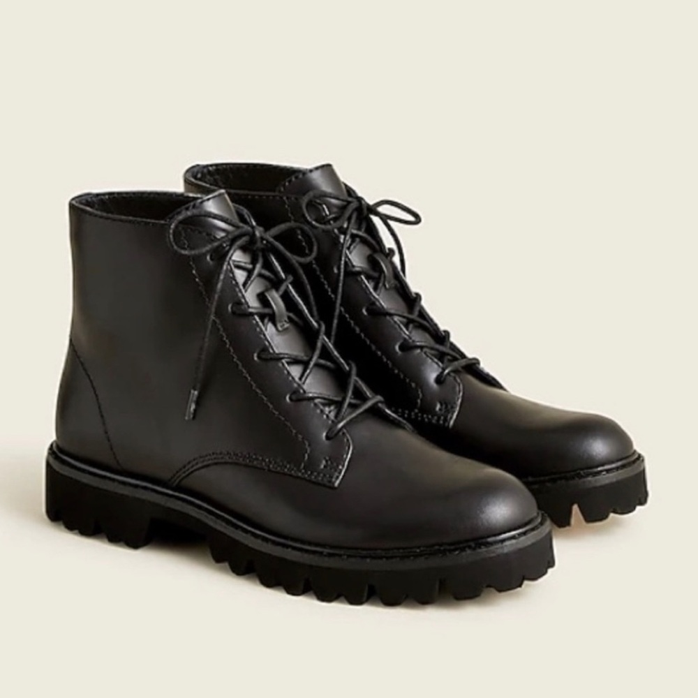 J Crew Gwen lug-sole lace-up boots in polished leather Size 8 Brand New in Box